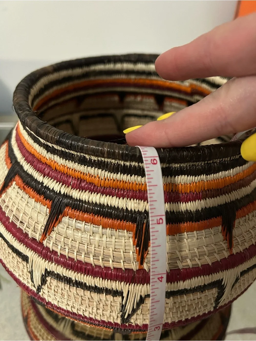 Embera polychrome geometric handwoven basket from Darien Rainforest in Panama
